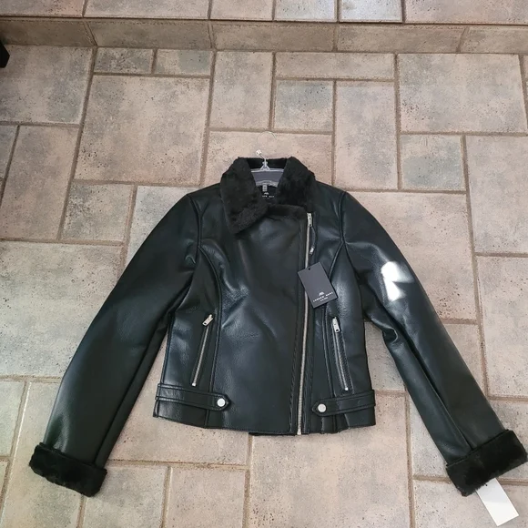 NWT Andrew Marc Black Faux Leather Faux Fur-Trim Moto Jacket XS - Picture 6 of 16